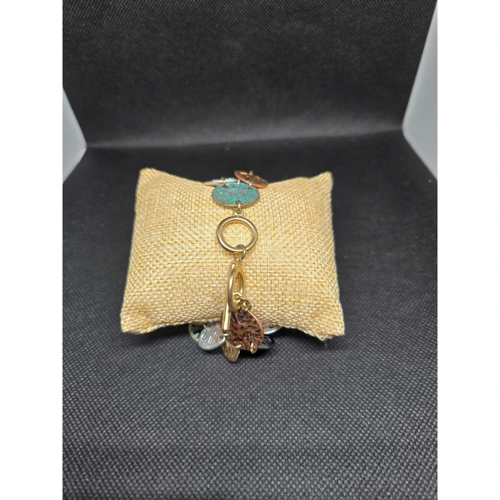 Mixed Metal Multi Strand Coin Charm Bracelet Verdigris Toggle Clasp Goldtone